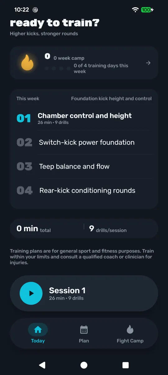 Dee on Android: weekly training plan and start-session button