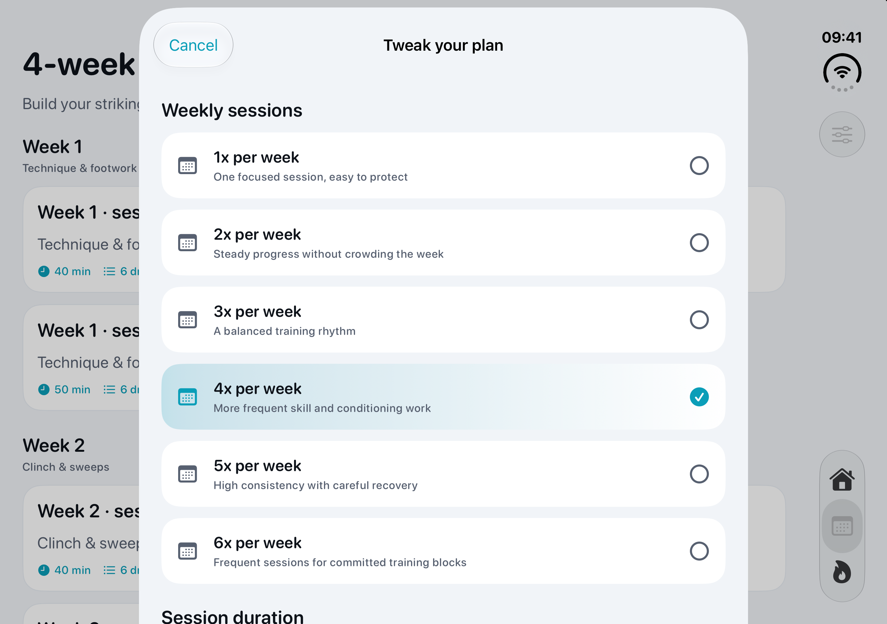 Dee’s Tweak your plan sheet on the open Duo, with four weekly sessions selected and the training plan visible behind it