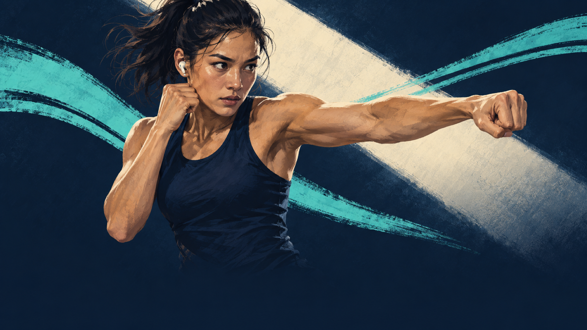 Painted editorial illustration of a woman listening through an earbud and throwing a straight shadowboxing punch, with the other hand guarding her face.