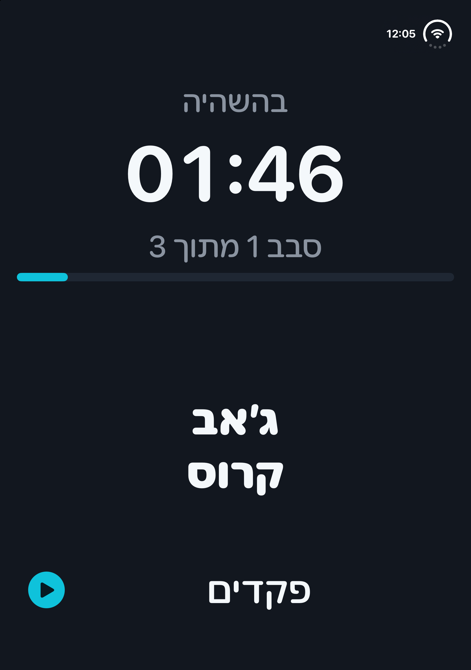 Reaction Rounds in Hebrew on the iPhone Duo Book display, paused at 1:46, with large Jab and Cross labels and visible controls.