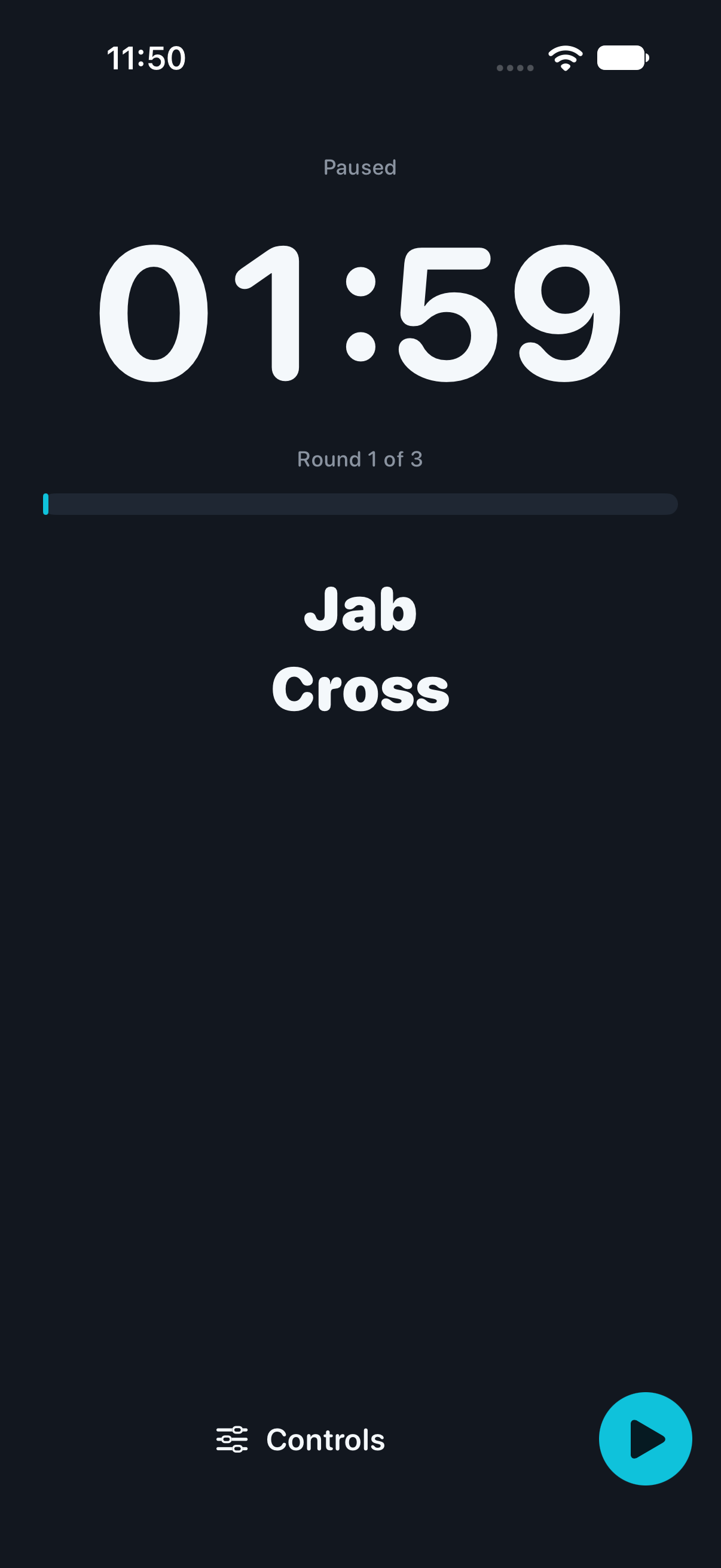 A paused Reaction round on iPhone showing Jab, Cross and a 1:59 timer in large text.