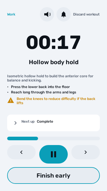 Dee’s Android workout screen with work timer and drill instructions